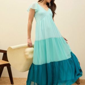 Blue Colourblocked Printed Frill Sleeve Fit & Flare Maxi Dress